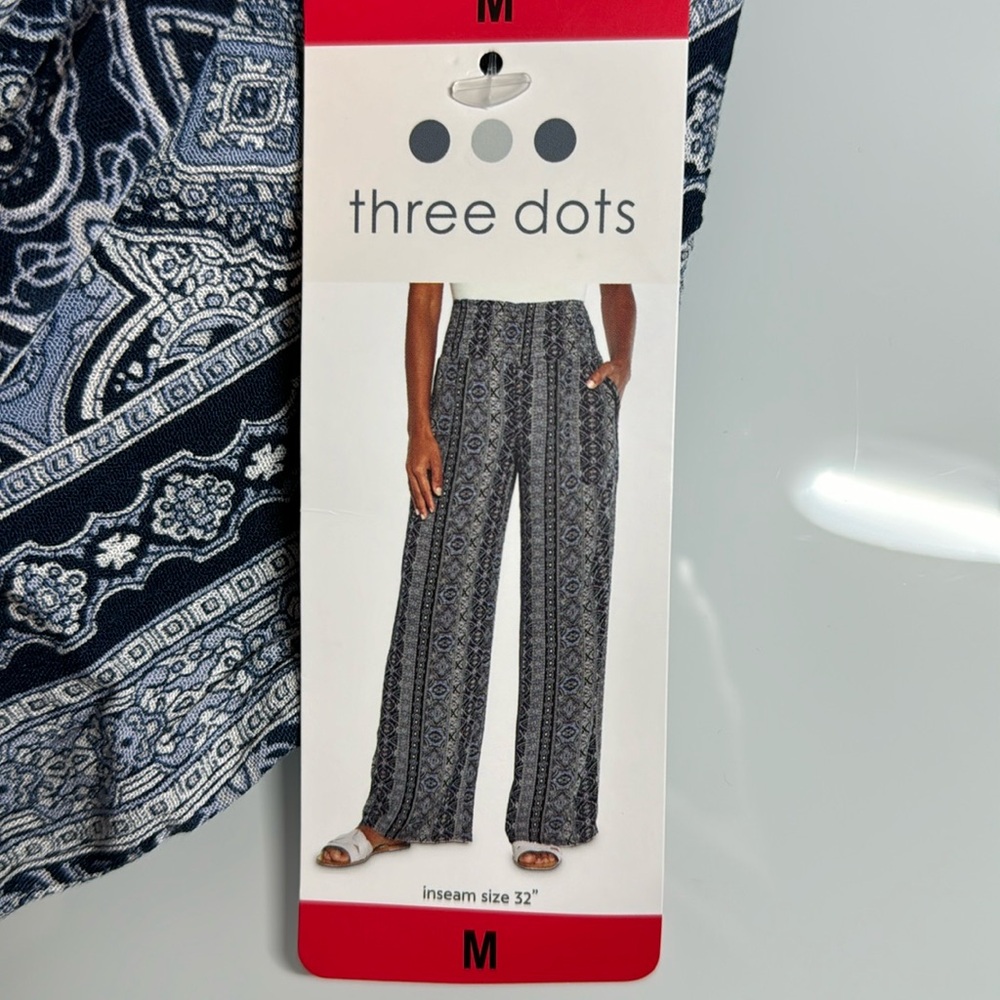 Three Dots blue & white boho wide leg pants w/ pockets M